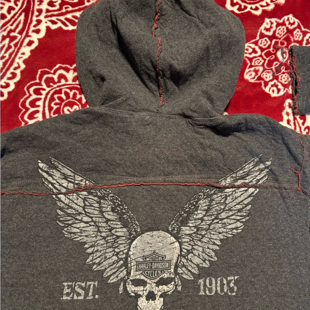 Harley Davidson Gray Hoodie with Red Stitching